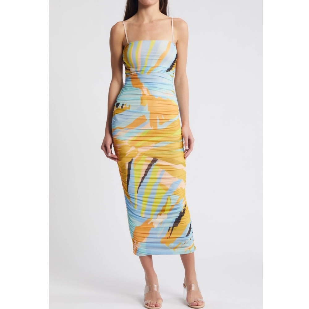 AFRM Blue and Yellow Bodycon Midi Dress Spaghetti Strap